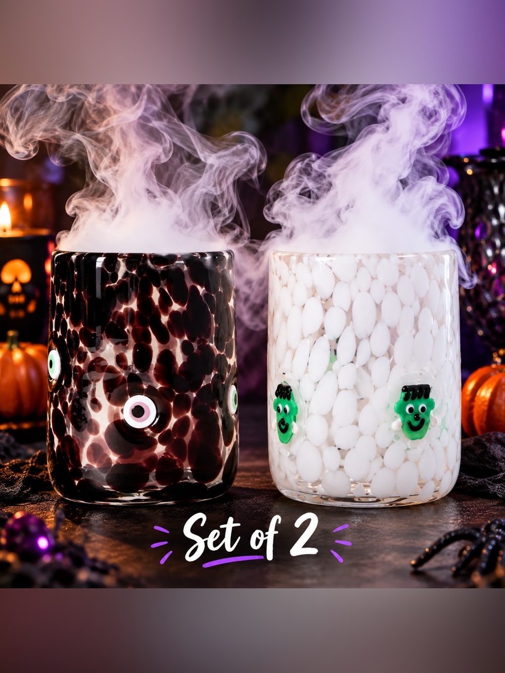 NEW, set of 2 Anthropologie Halloween Frankenstein & Eye Icon Juice Glass Tumber